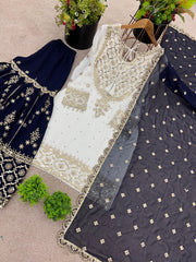 Exclusive Heavy Work White Color Suit Navy Blue Sharara