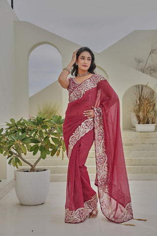 Stylish Pink Silver Crunchi Thread Work Saree
