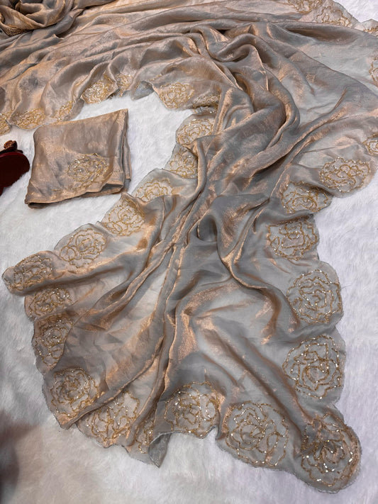 Wedding & Party Wear Beautiful Katdana Handwork Grey Color saree