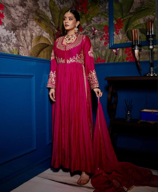 Roman Silk Pink Color Gown With Dupatta