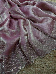 Party Wear Diamond Work Silk Onion Color Saree