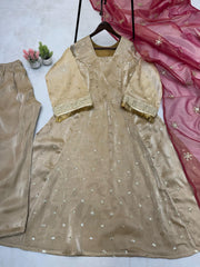 Blissful Embroidery Work Beige Color Salwar Suit With Red Dupatta
