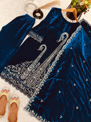 Exclusive Blue Velvet with Embroidery Work Palazzo Suit