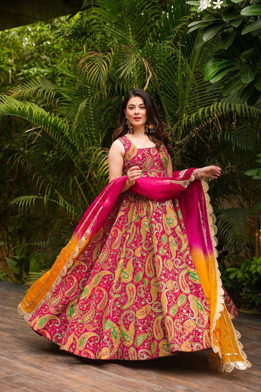 Organza Silk Pink Color Huge Flaired Designer Gown