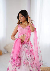 Glorious Pink Organza Digital Printed Lehenga Choli