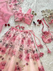 Glorious Pink Organza Digital Printed Lehenga Choli