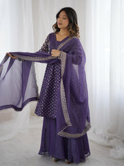 Stylish Purple Crunchy Silk Sequence Work Sharara Suit