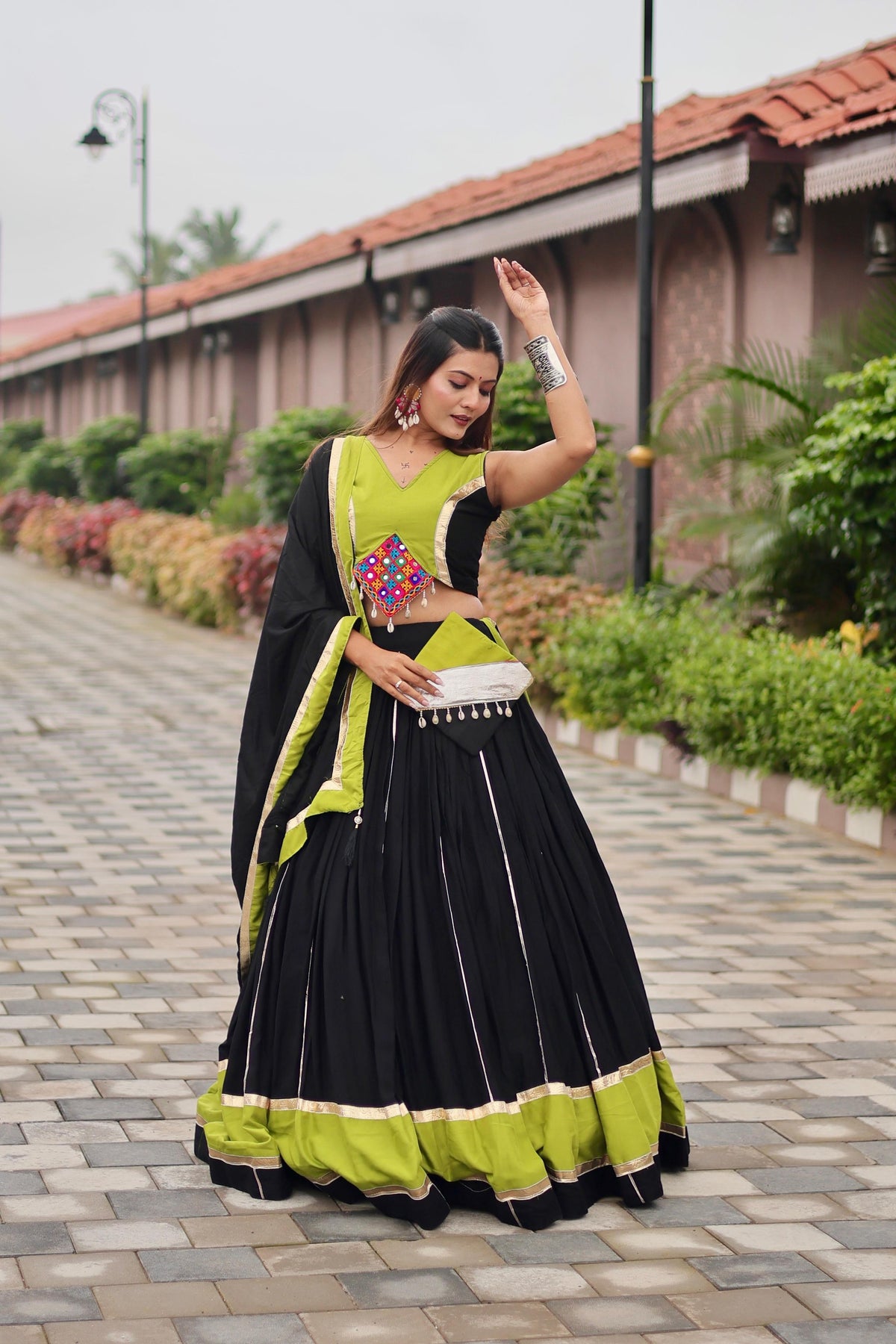 Navratri Festival Black Cotton Gamthi Work Lehenga Choli