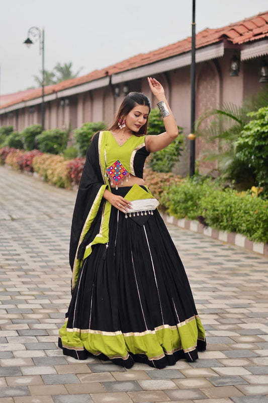 Navratri Festival Black Cotton Gamthi Work Lehenga Choli