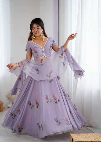 Lovely Lavender Georgette Hand Painted Lehenga