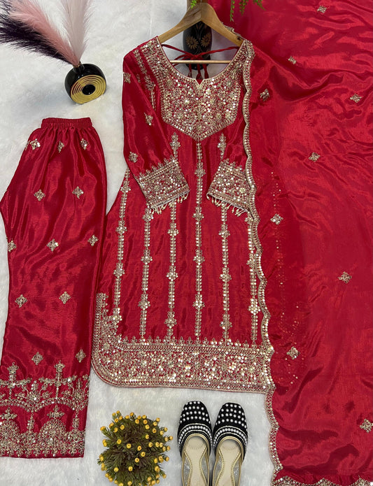 Classy Red Chinon Silk Sequence Work Palazzo Suit