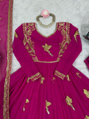 Marvelous Pink Georgette Thread Work Gown