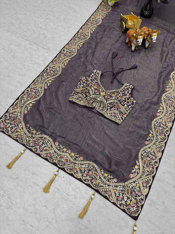 Stylish Pink Silver Crunchi Thread Work Saree