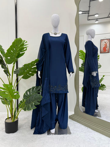 Patiala Style Navy Blue Color Beads Work Salwar Suit