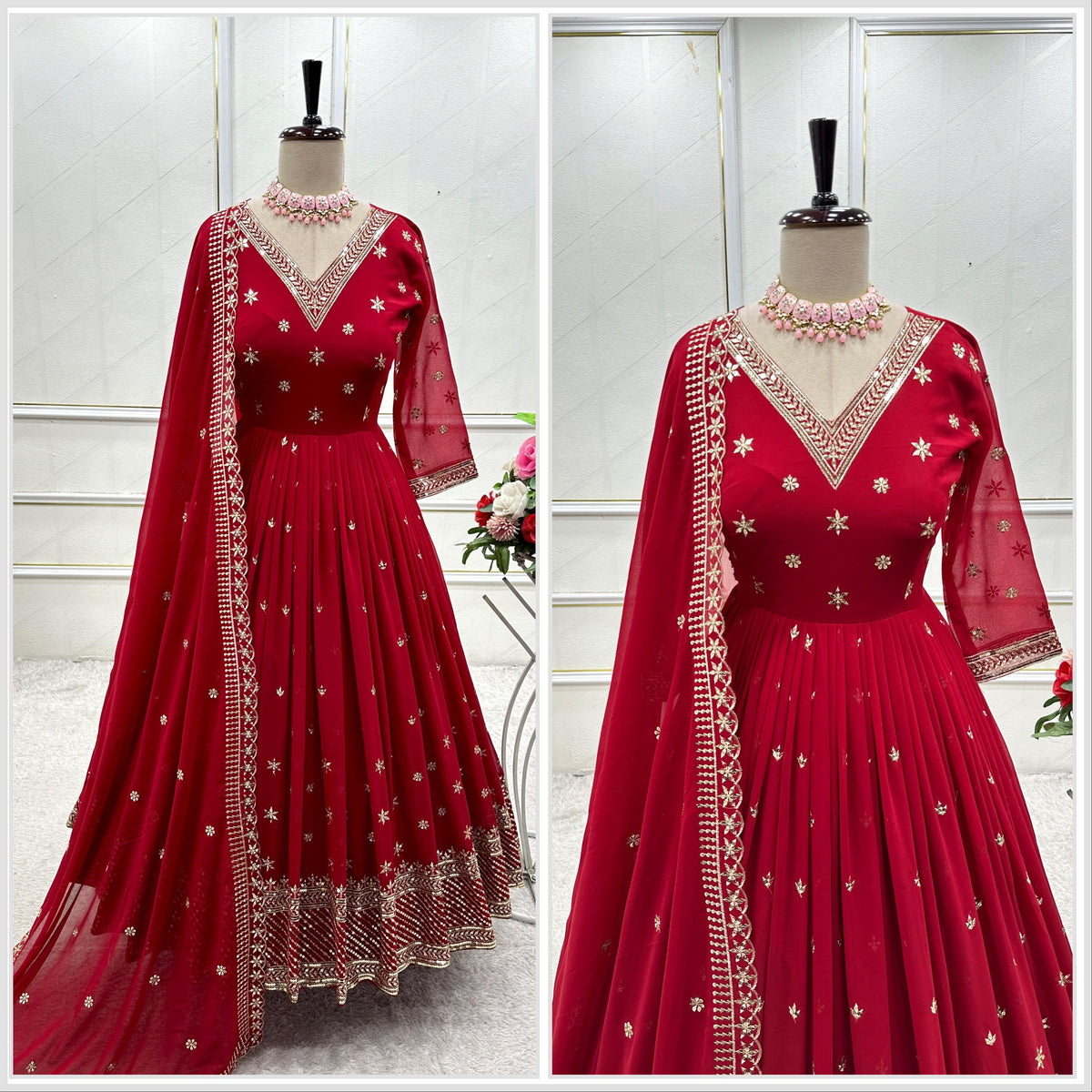 Wonderful Sequence Work Fully Stitched Red Gown