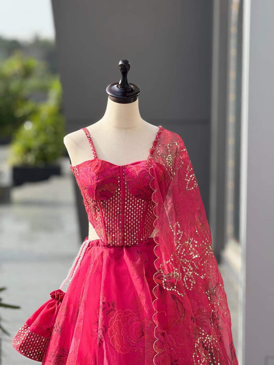 Pink Organza Embroidery Work Lehenga Choli