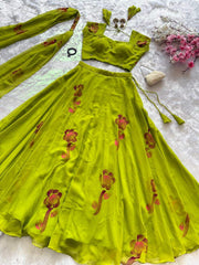 Innovative Green Georgette Hand Painted Lehenga