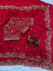 Lovely Red Chiffon Zari Work Saree