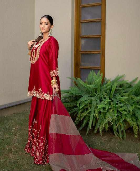 Festive Wear Fully Stitched Red Color Sharara Suit