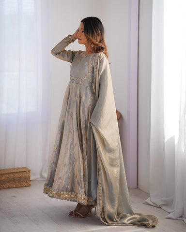 Shining Sequence Work Gray Color Silk Gown