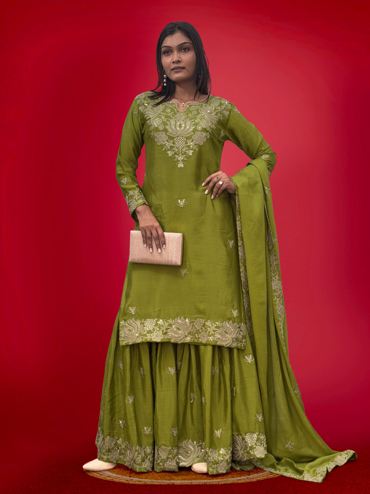 Innovative Chinon Silk Green Color Sharara Suit