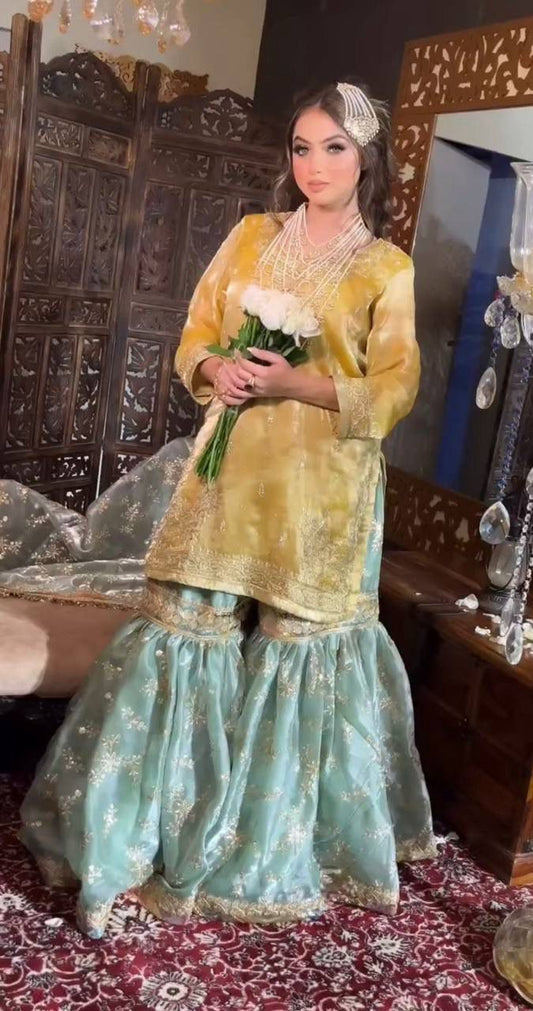 Function Wear Embroidery Work Yellow Color Sharara Suit