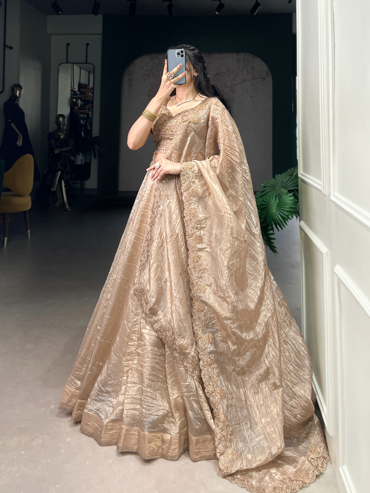 Festive Wear Beige Color Gold Crush Lehenga Choli