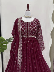 Fashionable Gorgette Maroon Color Gown