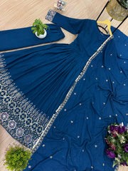 Pretty Blue Rayon Embroidery Work Gown