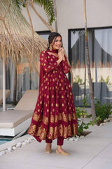 Attractive Maroon Jacquard Weaving Anarkali Suit
