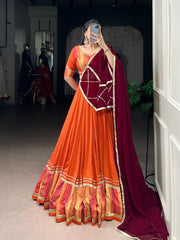 Lovely Orange Rayon Bandhej Print Lehenga Choli