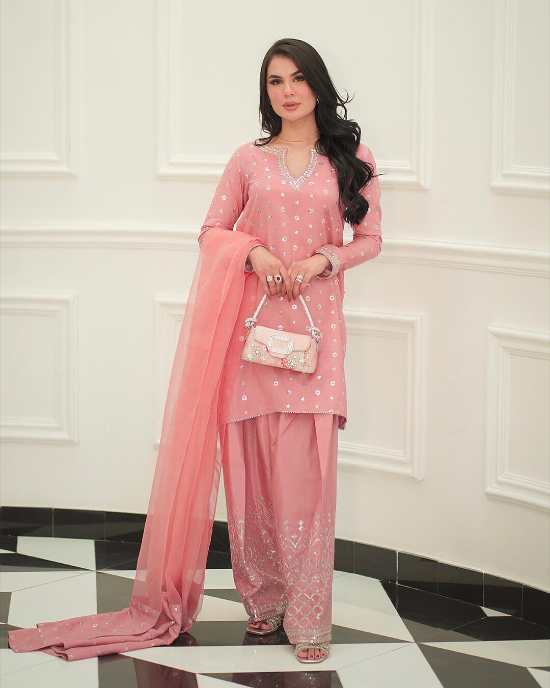 Lovely Peach Color Chinon Silk Salwar Suit