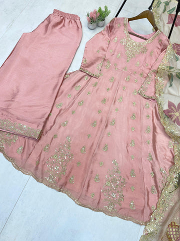 Alluring Pink Chinon Sequence Work Palazzo Suit