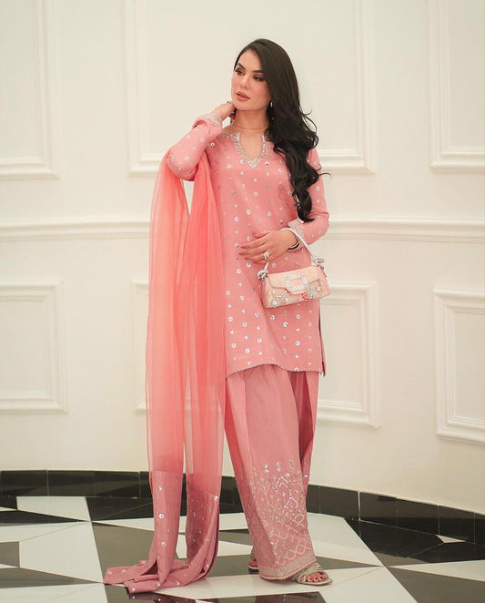 Lovely Peach Color Chinon Silk Salwar Suit
