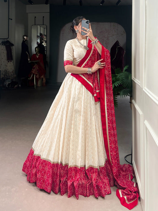 Gorgeous Red Cotton Bandhej Work Lehenga Choli