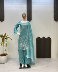 Lovely Blue Roman Silk Sequence Work Palazzo Suit