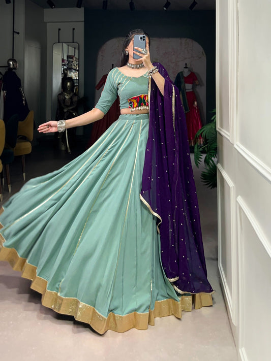 Designer Navratri Gamthi Work Rama Color Lehenga Choli