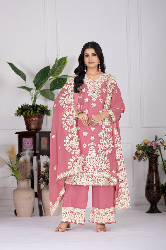 Elegant Embroidered Onion Color Palazzo Suit Set