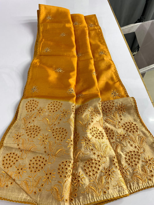Precious Embroidery Design Yellow Color Sarees