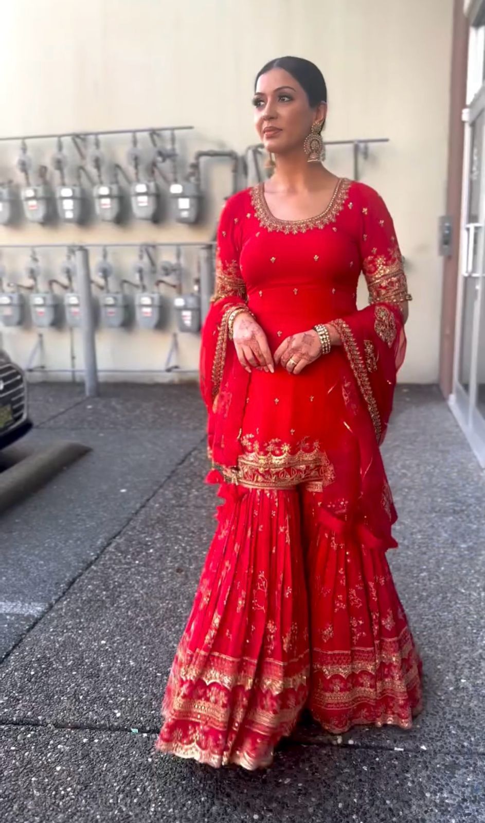 Decent Red Color Embroidery Work Sharara Suit