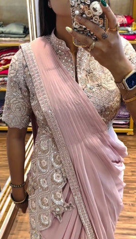 Glossy Embroidery Work Peach Color Ready To Wear Saree
