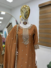 Designer Brown Color Heavy Work Chinon Silk Palazzo Suit