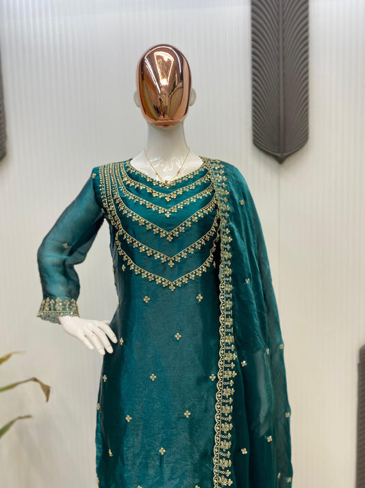 Function Wear Embroidery Work Teal Green Color Palazzo Suit