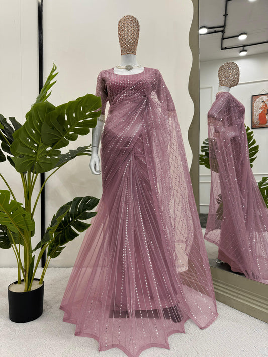 Party Wear Pink Color Sequence Work  Saree With Heavy Blouse