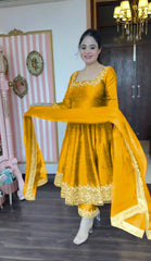 Elegant  Vichitra Silk Yellow Color Anarkali Suit