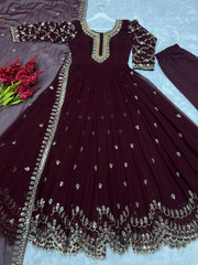 Unique Riveted Moti Work Wine Color Gown