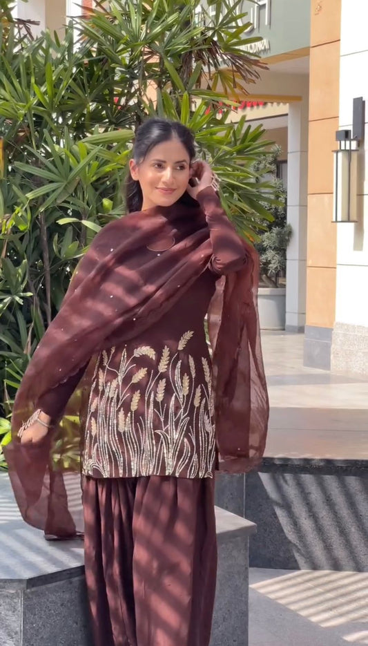 Wine Color Punjabi Style Suit With Dupatta