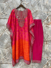 Attractive Chinon Embroidered Work Pink & Orange Color Kaftan Suit