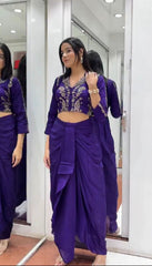 Attractive Purple Chinon Silk Embroidery Dhoti Suit