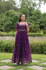 Fabulous Square Neck Design Purple Color Zari Work Gown